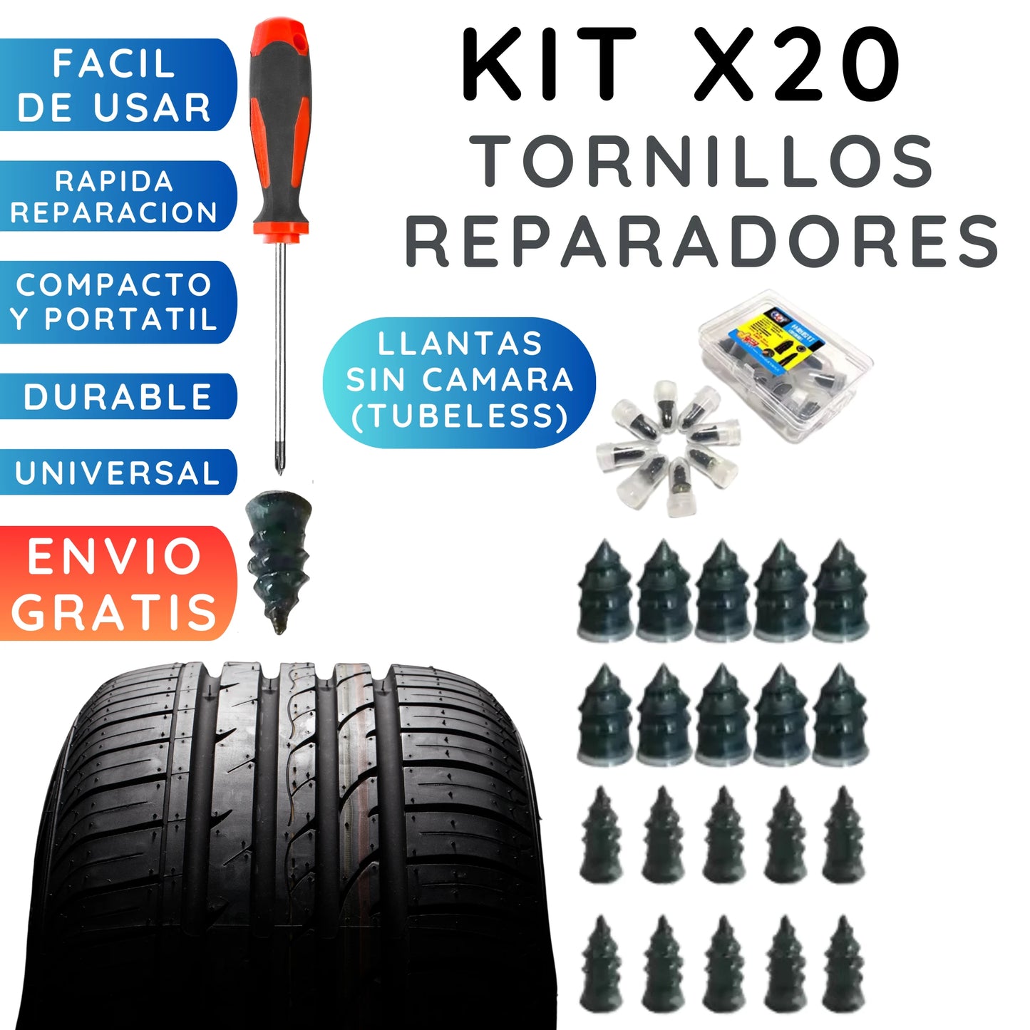 Kit x20 Tornillos Reparadores para Despinchar Llantas