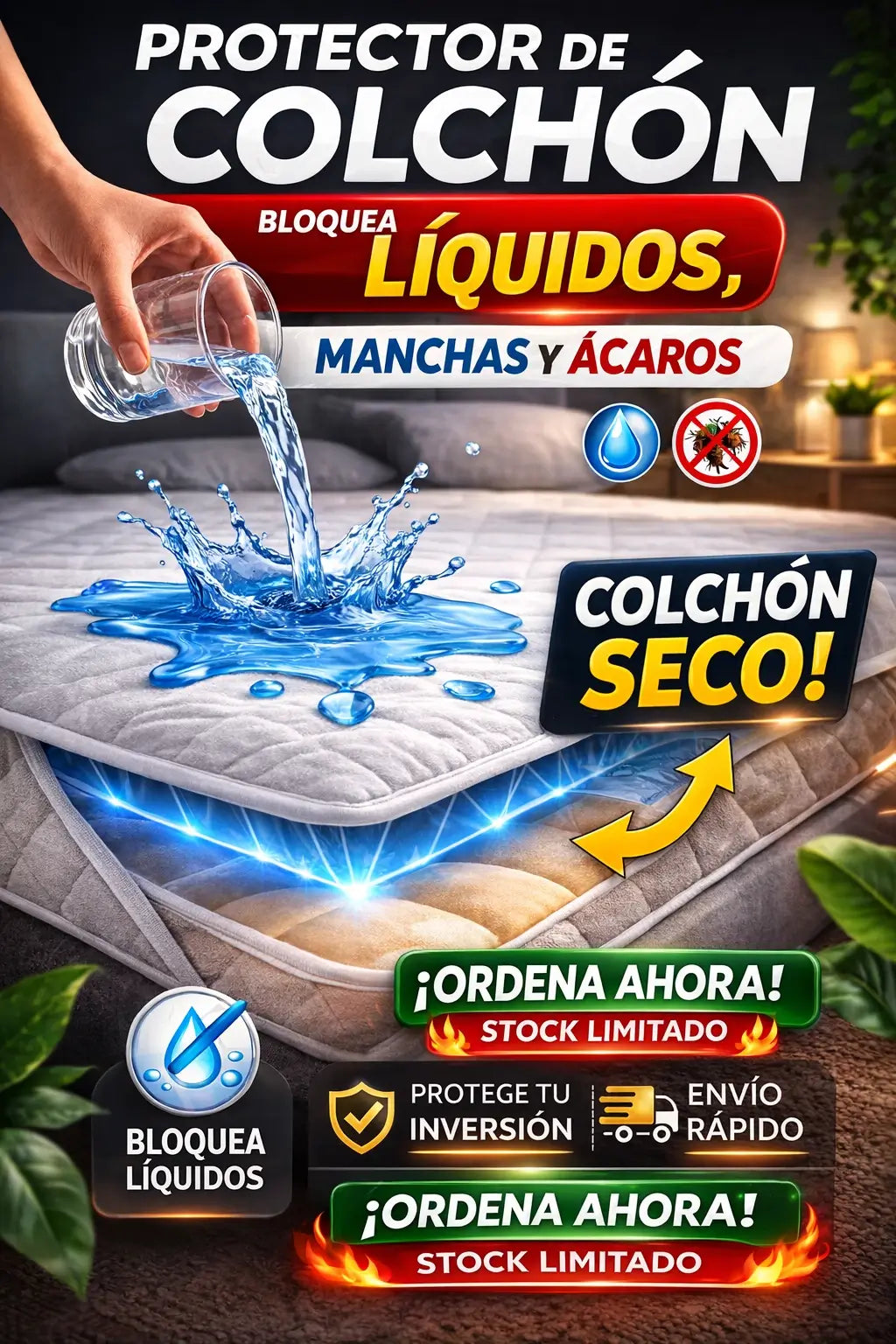 Protector de colchón antifluidos — protege contra líquidos, ácaros y manchas